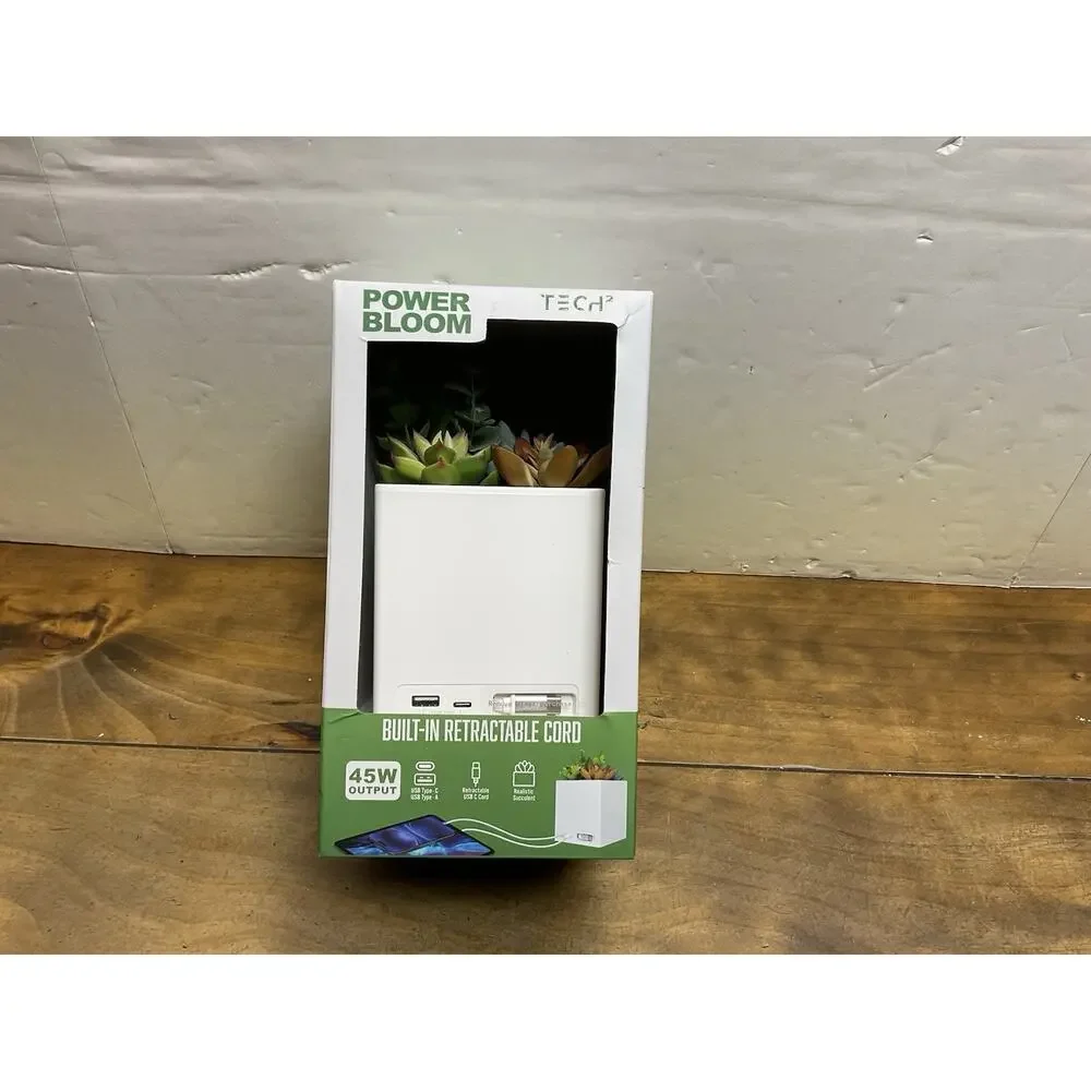 Tech2 Power Bloom Charging Decorative Plant with Built-in retractable USB-A & C2